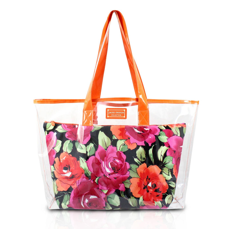 Jacki Design  Large Clear Orange Shopper Beach Gym Tote Bag Black Floral Insert Handbag Purse